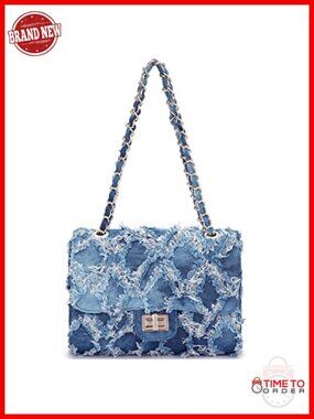 Distressed Denim Quilted Crossbody Flap Bag with Chain Strap